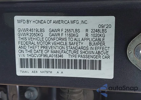 2020 Honda Accord Hybrid Touring из США, поврежденный, VIN 1HGCV3F96LA018346